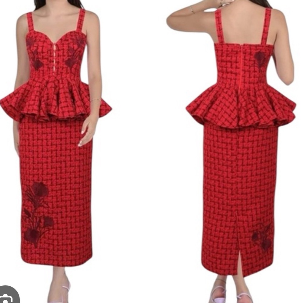 NWT FANM MON Red tweed peplum Midi Dress size medium - Picture 2 of 14